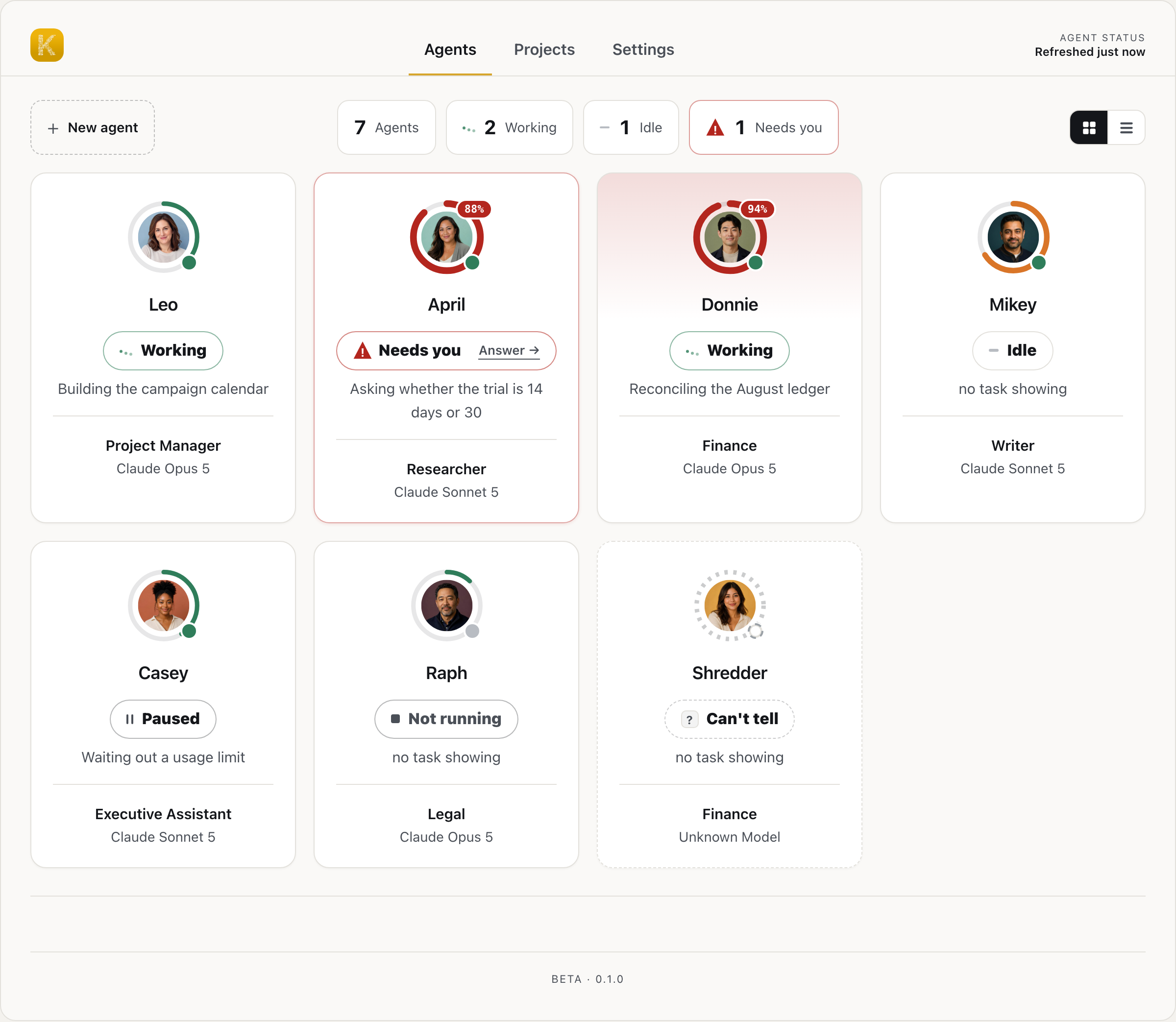 Kosmos agents board: seven agents, two working, one needs you