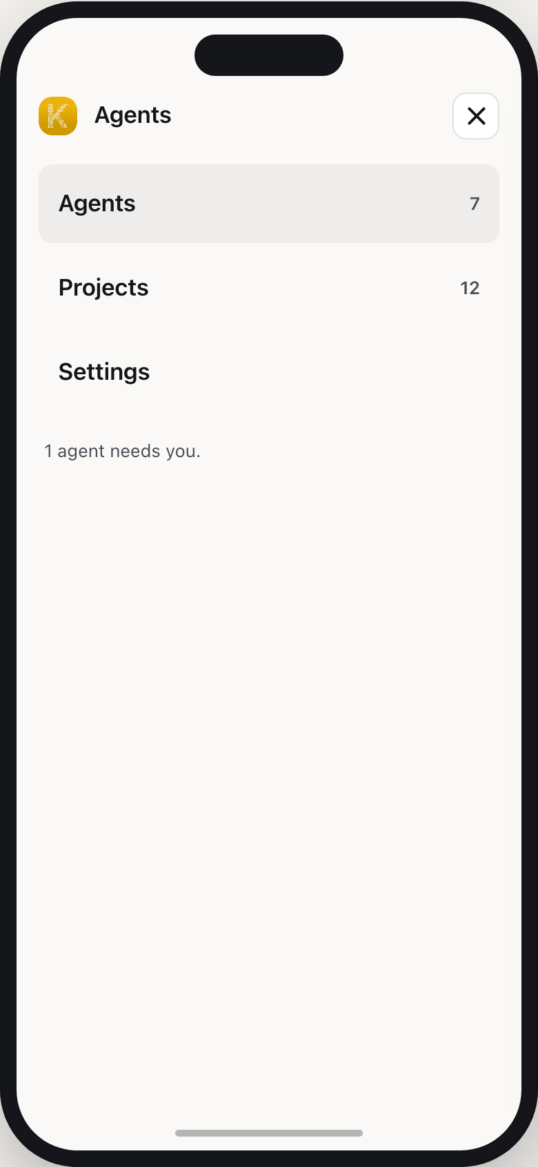 The menu: Agents 7, Projects 12, Settings, one agent needs you