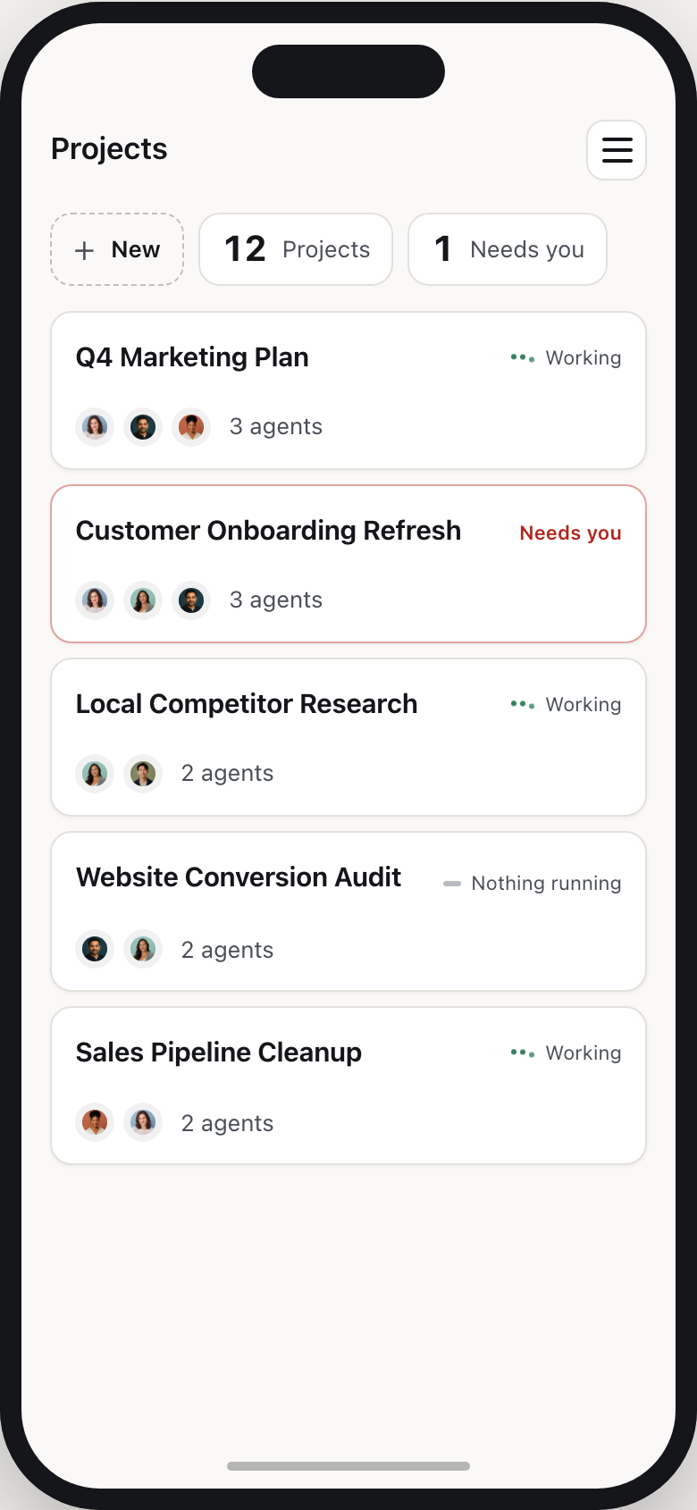 Projects: twelve projects, Customer Onboarding Refresh needs you