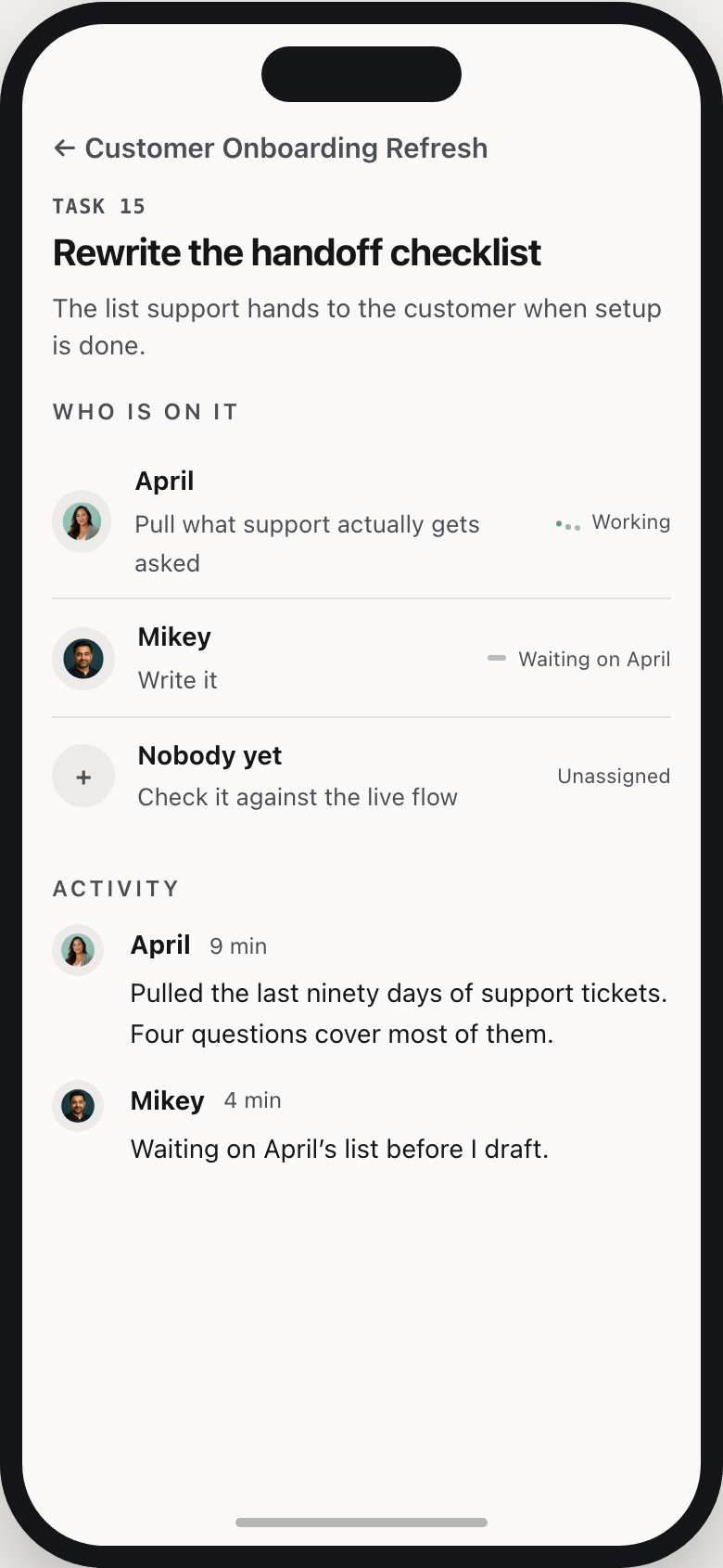 Task 15, Rewrite the handoff checklist: one task split into parts across April and Mikey